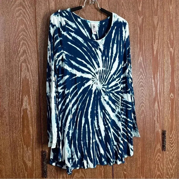 India Boutique Women's Long Sleeve Shirt Blue Tie Dye Breathable Vibrant Unique - Picture 2 of 7